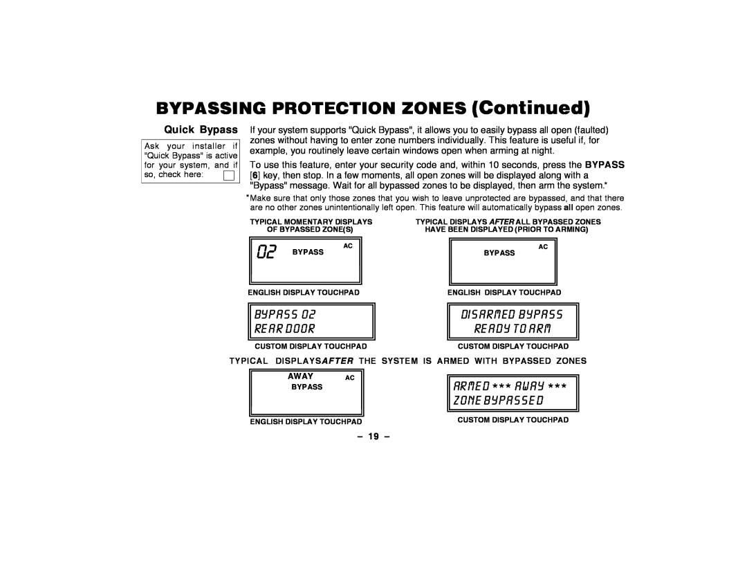 ADT Security Services Security Manager 2000 BYPASSING PROTECTION ZONES Continued, Bypass Re Ar Door, Quick Bypass, Ð 19 Ð 