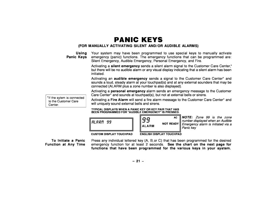 ADT Security Services Security Manager 2000, Security System user manual Ala Rm, Using Panic Keys, Ð 21 Ð 