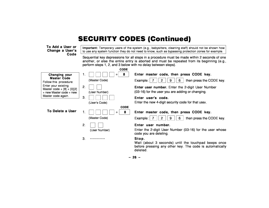 ADT Security Services Security System SECURITY CODES Continued, To Add a User or Change a Users Code, Enter users code 