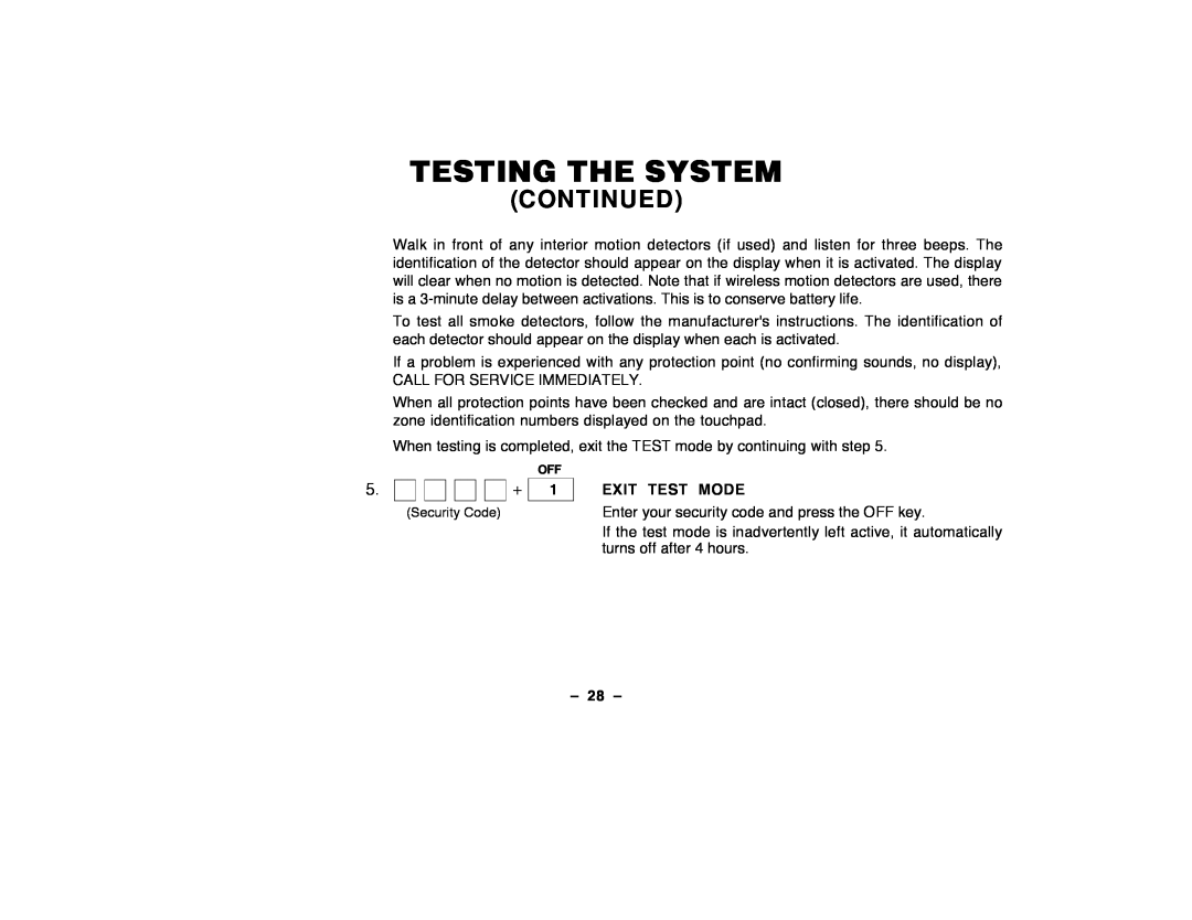 ADT Security Services Security System, Security Manager 2000 Testing The System, Continued, Exit Test Mode, Ð 28 Ð 