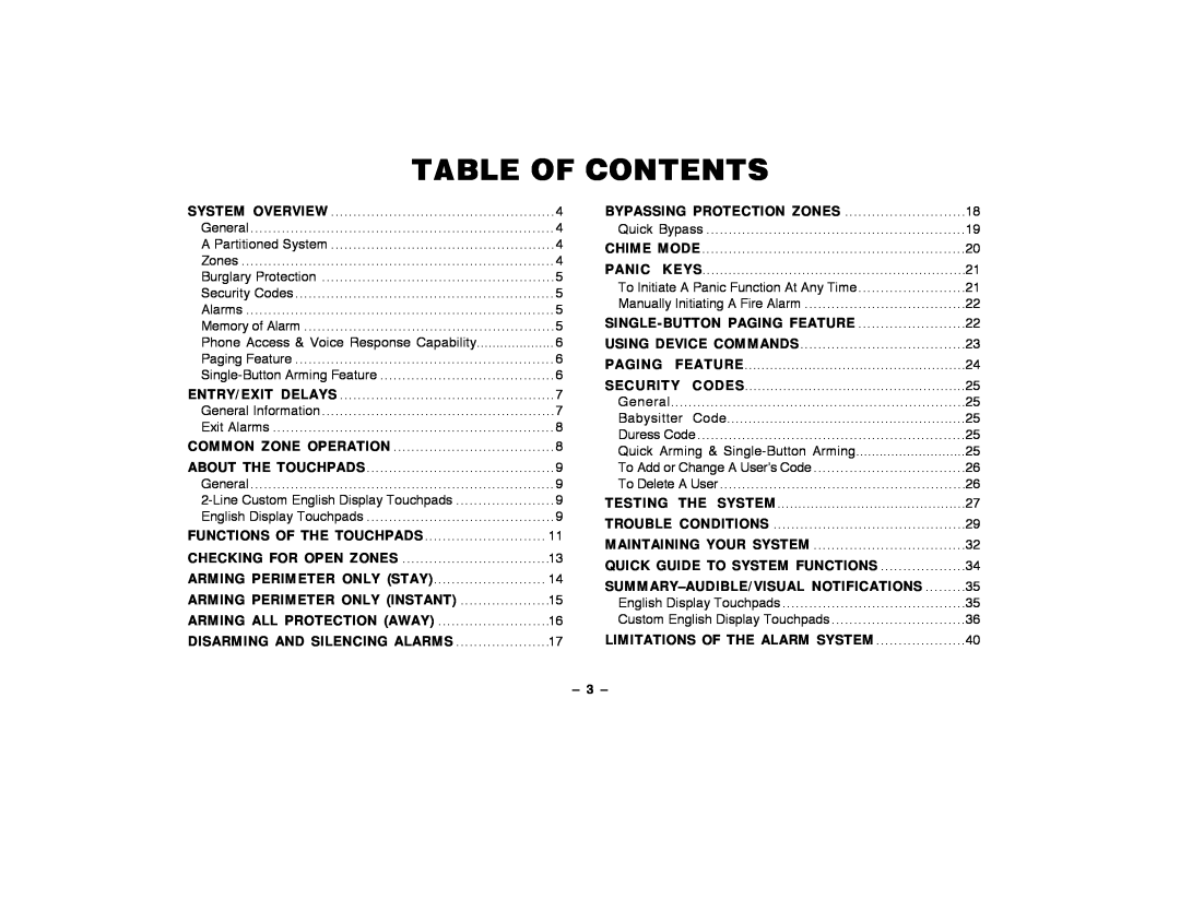 ADT Security Services Security Manager 2000, Security System user manual Table Of Contents, Ð 3 Ð 