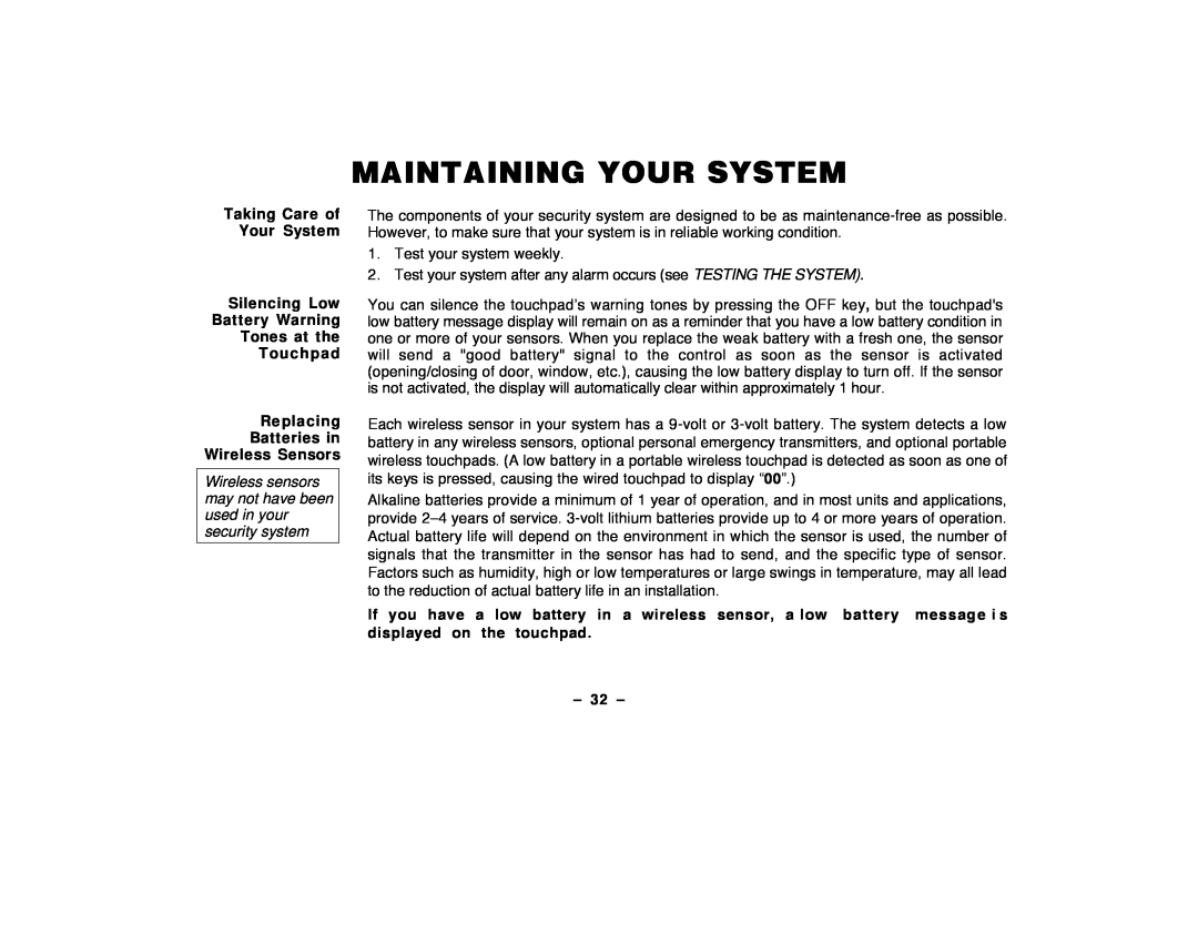 ADT Security Services Security System user manual Maintaining Your System, Taking Care of Your System Silencing Low, Ð 32 Ð 