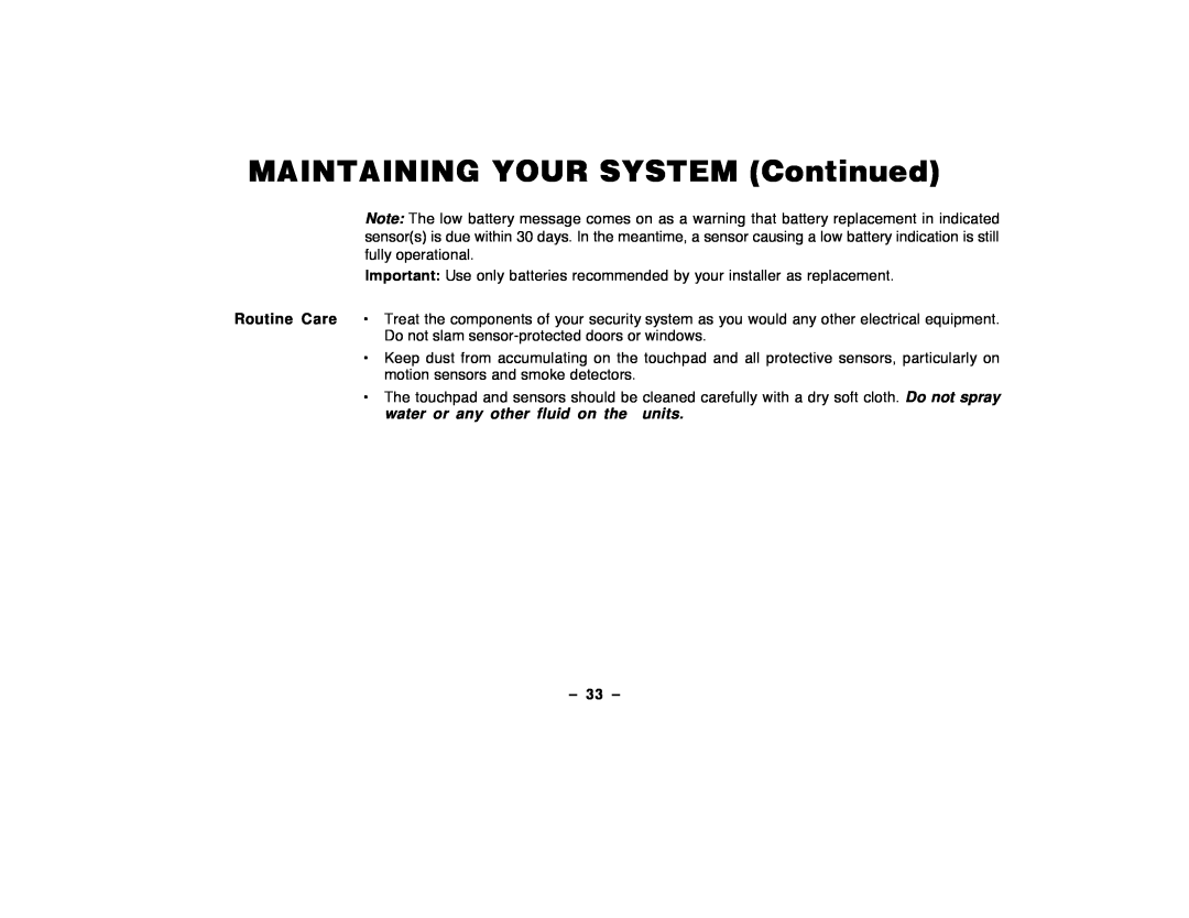 ADT Security Services Security Manager 2000, Security System user manual MAINTAINING YOUR SYSTEM Continued, Ð 33 Ð 