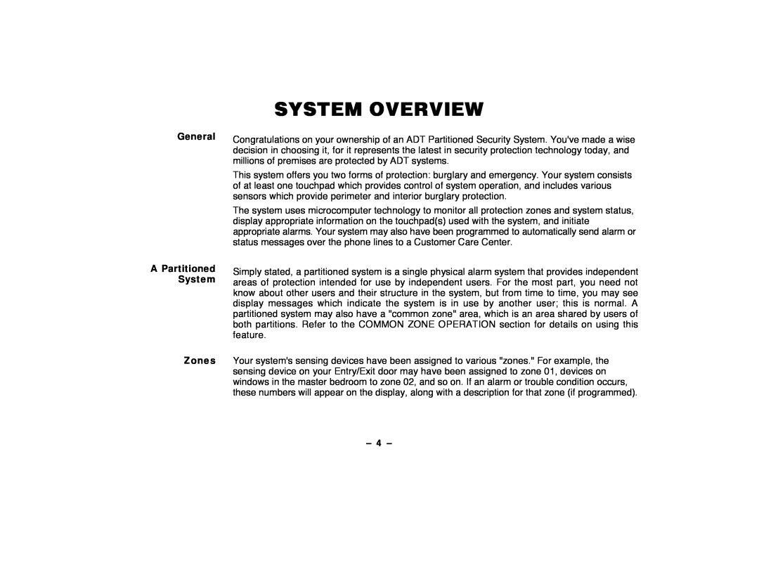 ADT Security Services Security System, Security Manager 2000 user manual System Overview, General APartitioned System, Ð 4 Ð 