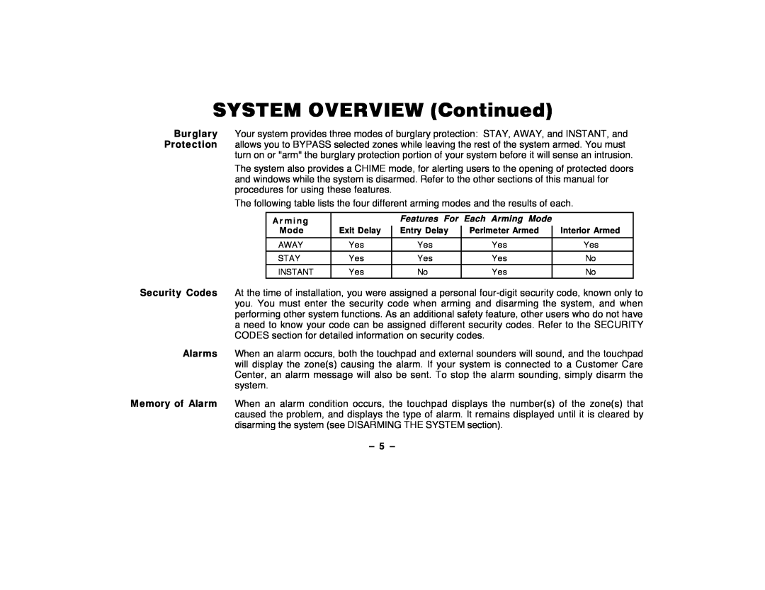 ADT Security Services Security Manager 2000, Security System user manual SYSTEM OVERVIEW Continued, Ð 5 Ð 