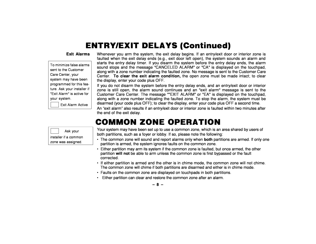 ADT Security Services Security System user manual ENTRY/EXIT DELAYS Continued, Common Zone Operation, Exit Alarms, Ð8 Ð 