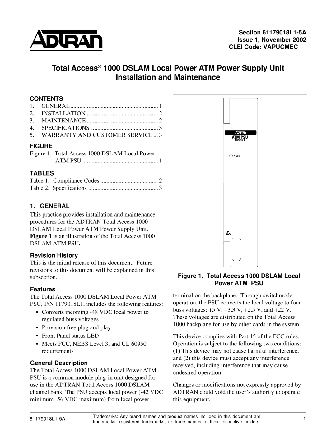 ADTRAN 1000 specifications Contents, Tables, General 