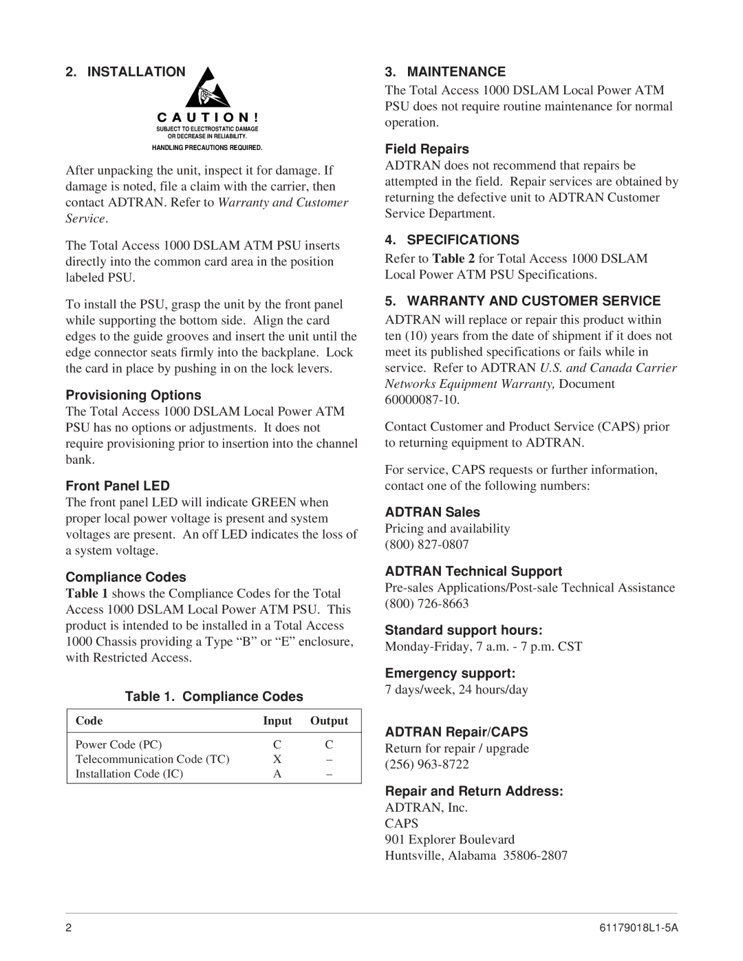 ADTRAN 1000 specifications Installation, Maintenance, Specifications, Warranty and Customer Service 