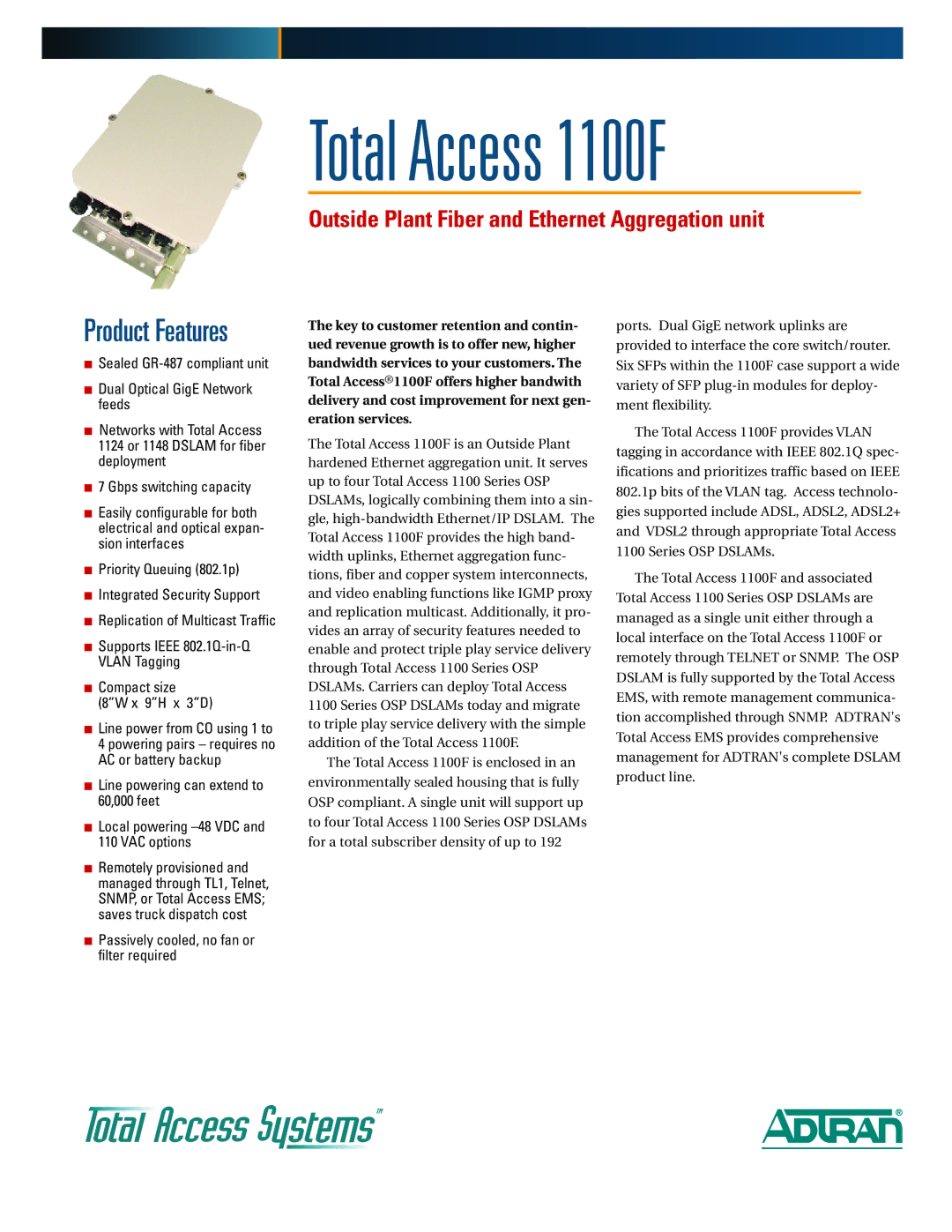 ADTRAN specifications Total Access 1100F 