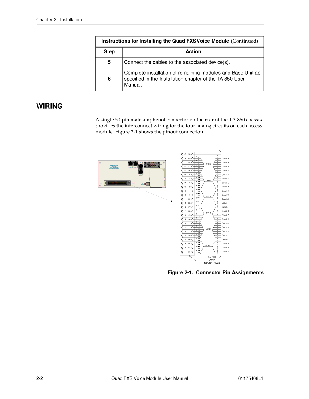 ADTRAN 1175408L1 user manual Wiring, Connector Pin Assignments 
