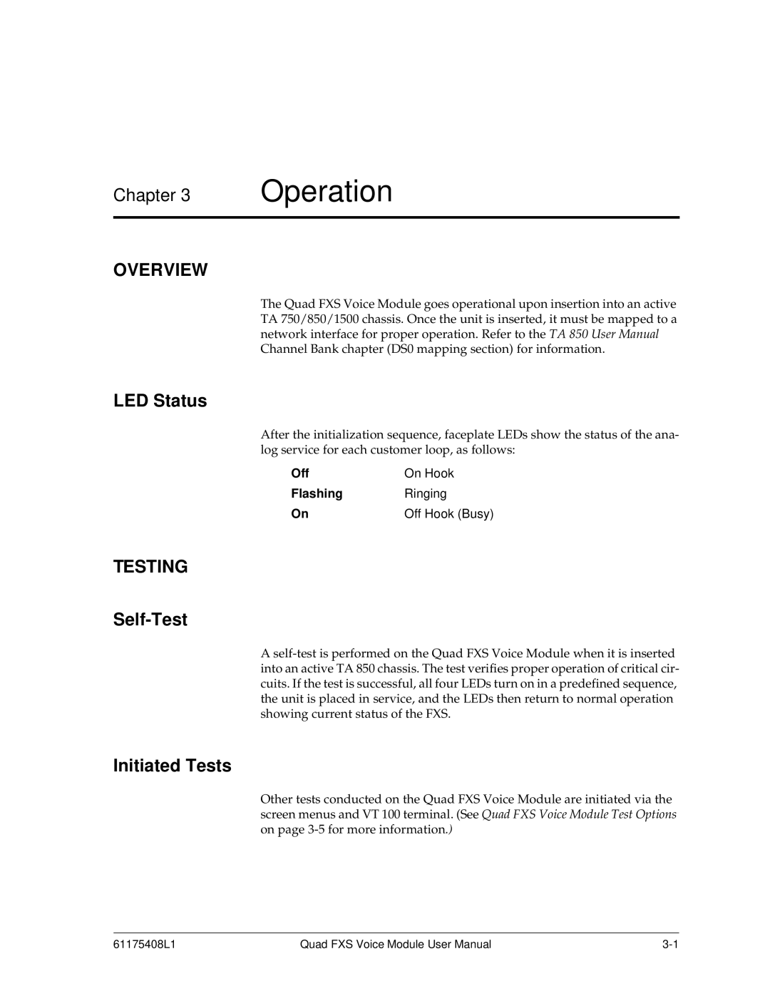 ADTRAN 1175408L1 user manual Operation, Overview, Testing 