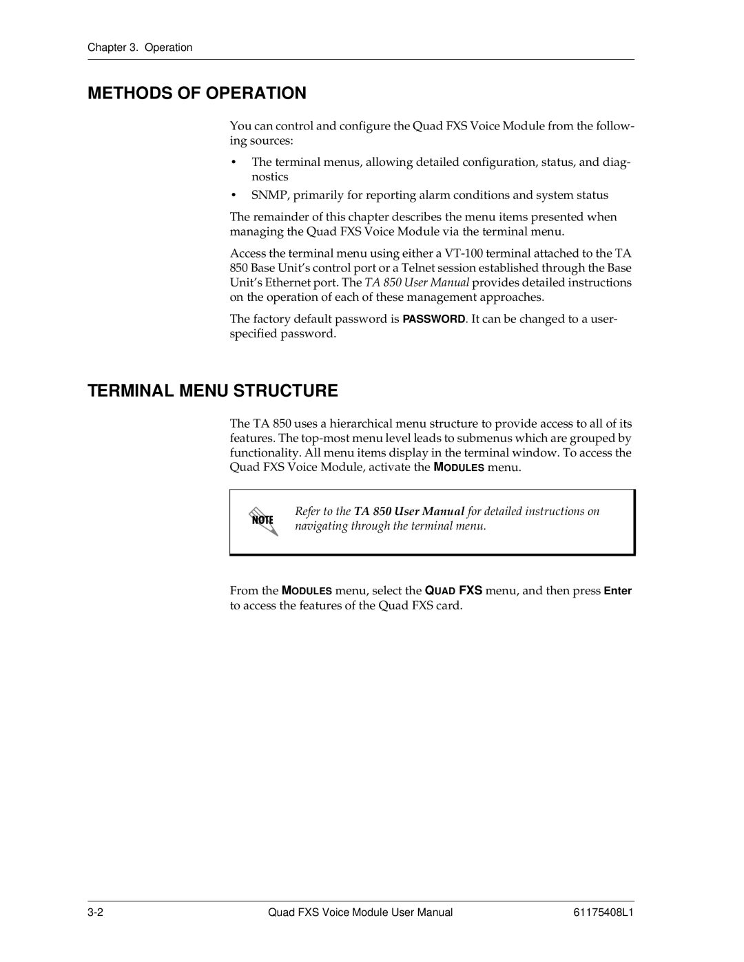 ADTRAN 1175408L1 user manual Methods of Operation, Terminal Menu Structure 