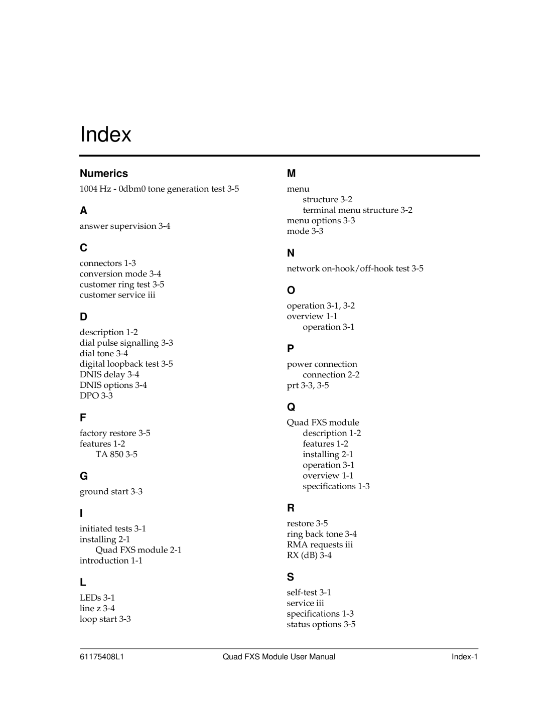 ADTRAN 1175408L1 user manual Index, Numerics 