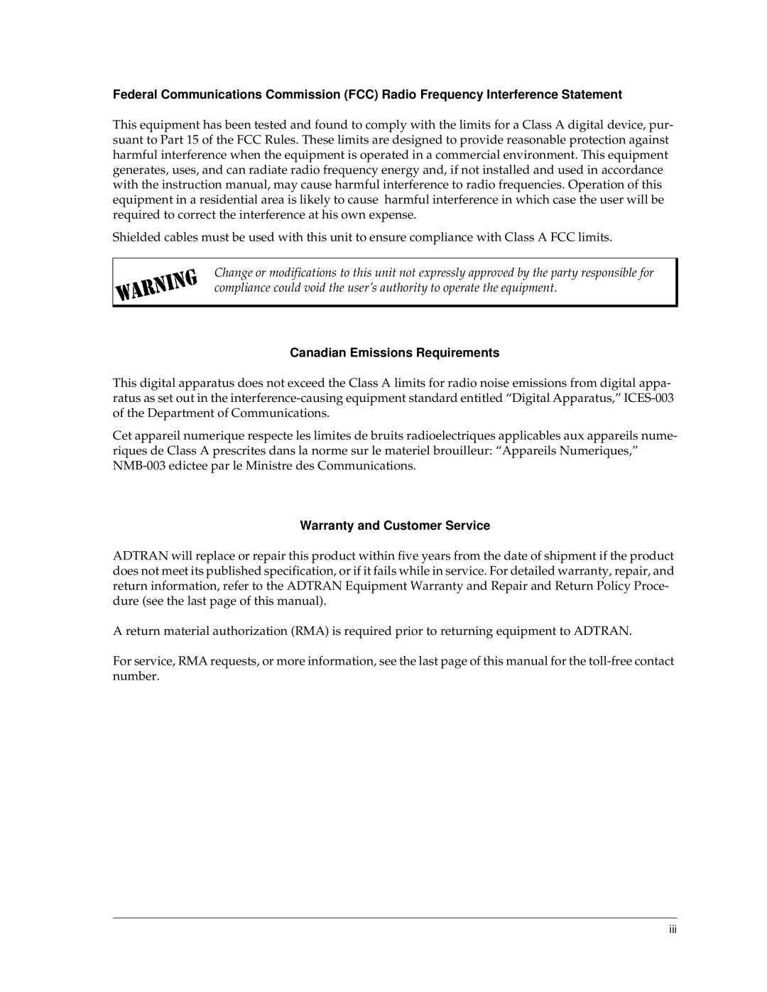 ADTRAN 1175408L1 user manual Canadian Emissions Requirements, Warranty and Customer Service 