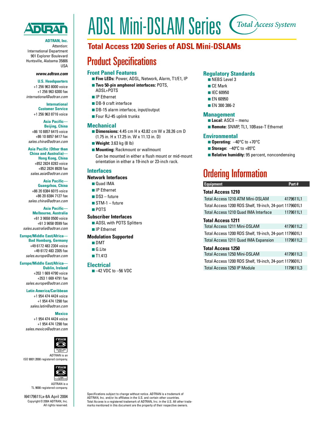 ADTRAN 1200 Series Front Panel Features, Mechanical, Regulatory Standards, Management, Environmental, Interfaces 