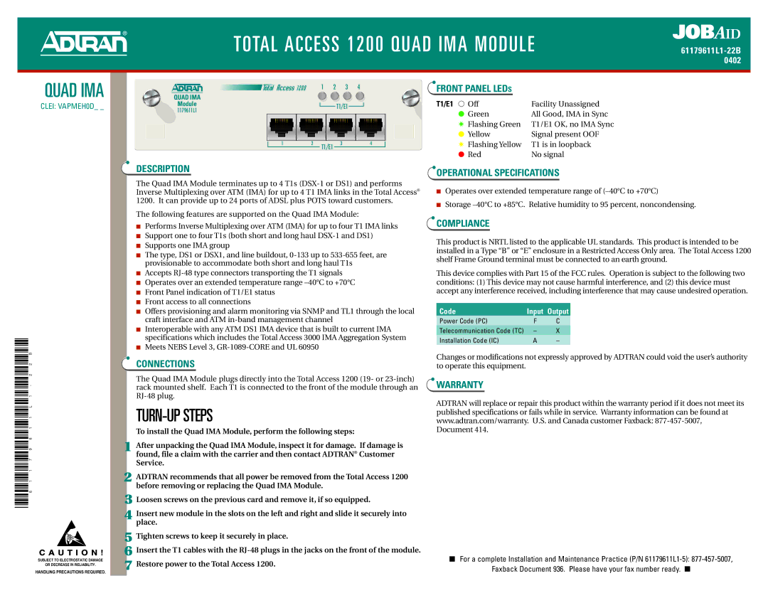 ADTRAN 1200 warranty Description, Connections, Front Panel Leds, Operational Specifications, Compliance, Warranty 