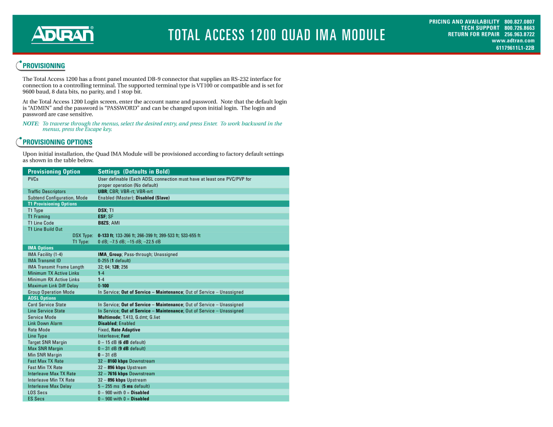 ADTRAN 1200 warranty T1 Provisioning Options, IMA Options, Adsl Options 