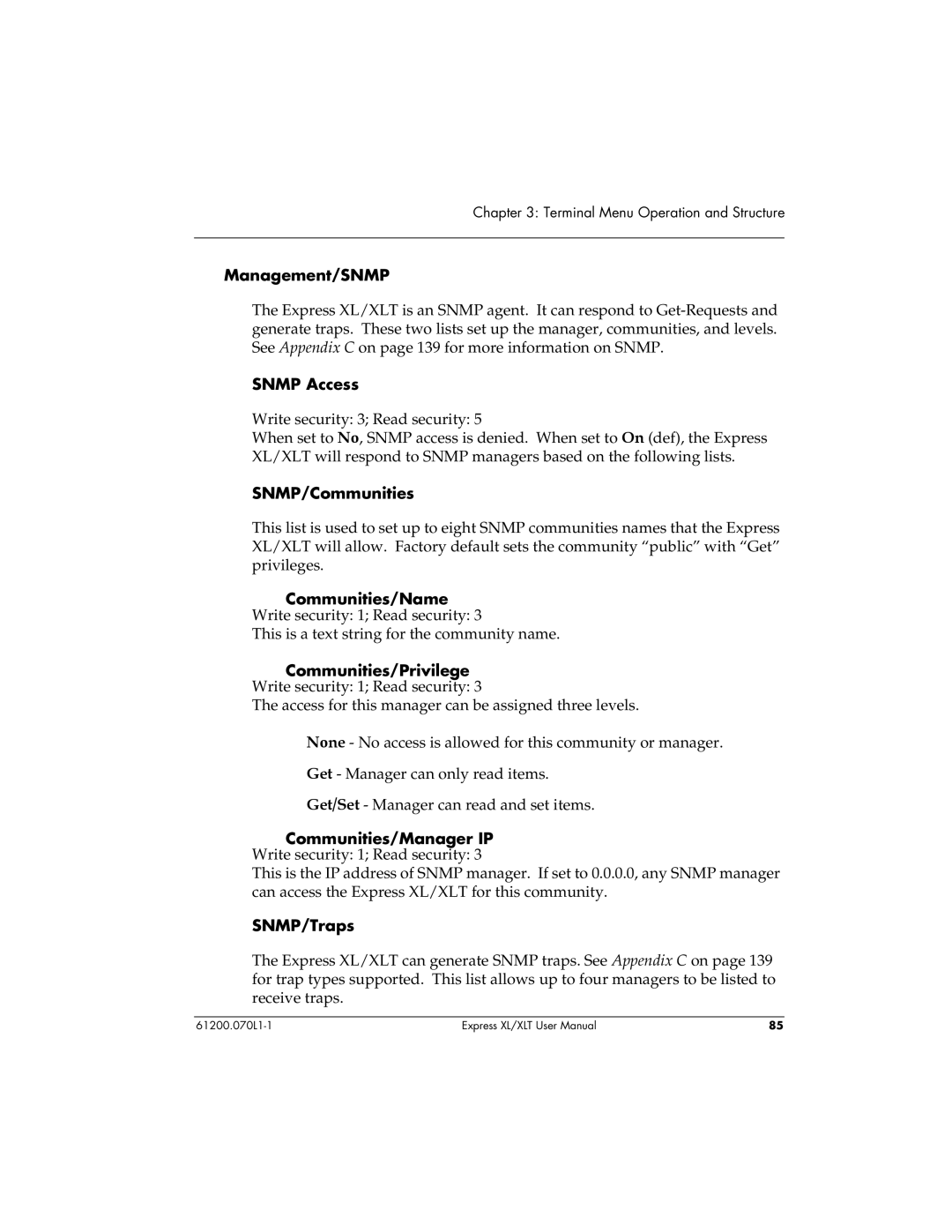 ADTRAN 1200070L2 Management/SNMP, Snmp Access, SNMP/Communities, Communities/Name, Communities/Privilege, SNMP/Traps 