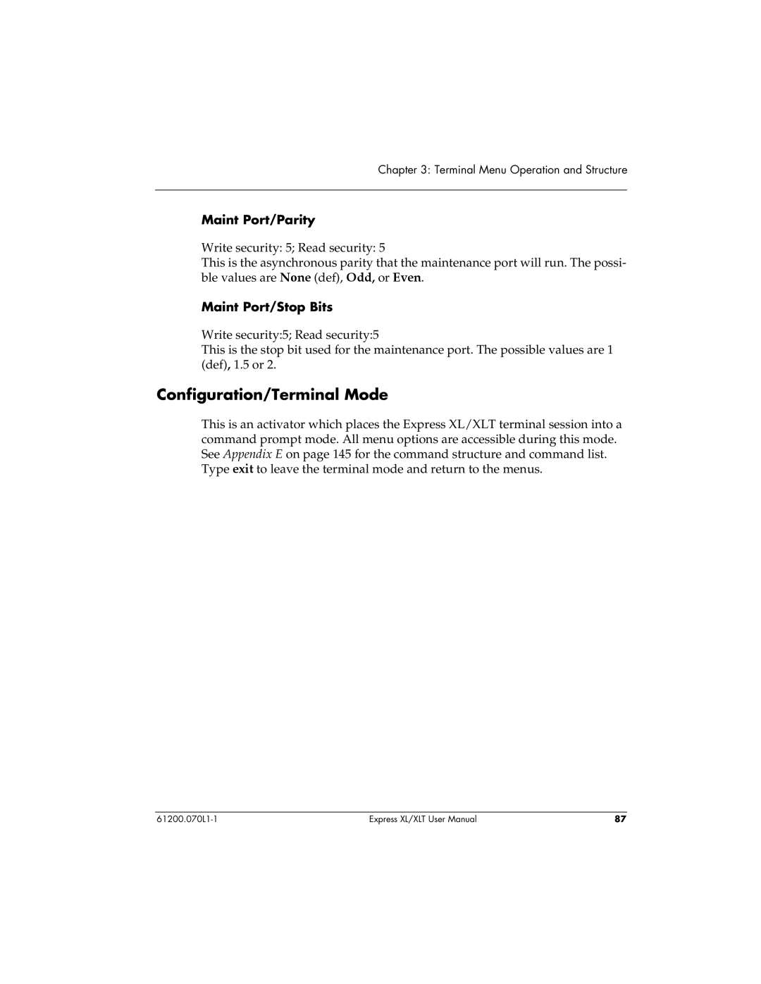 ADTRAN 1200070L2, 1200070L1 user manual Configuration/Terminal Mode, Maint Port/Parity, Maint Port/Stop Bits 