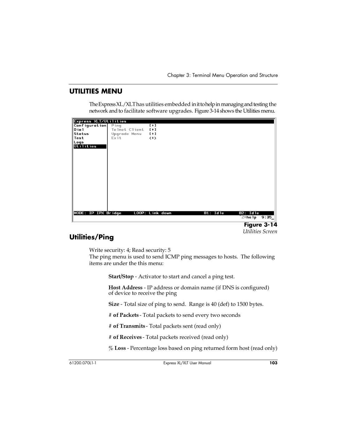 ADTRAN 1200070L2, 1200070L1 user manual Utilities Menu, Utilities/Ping 