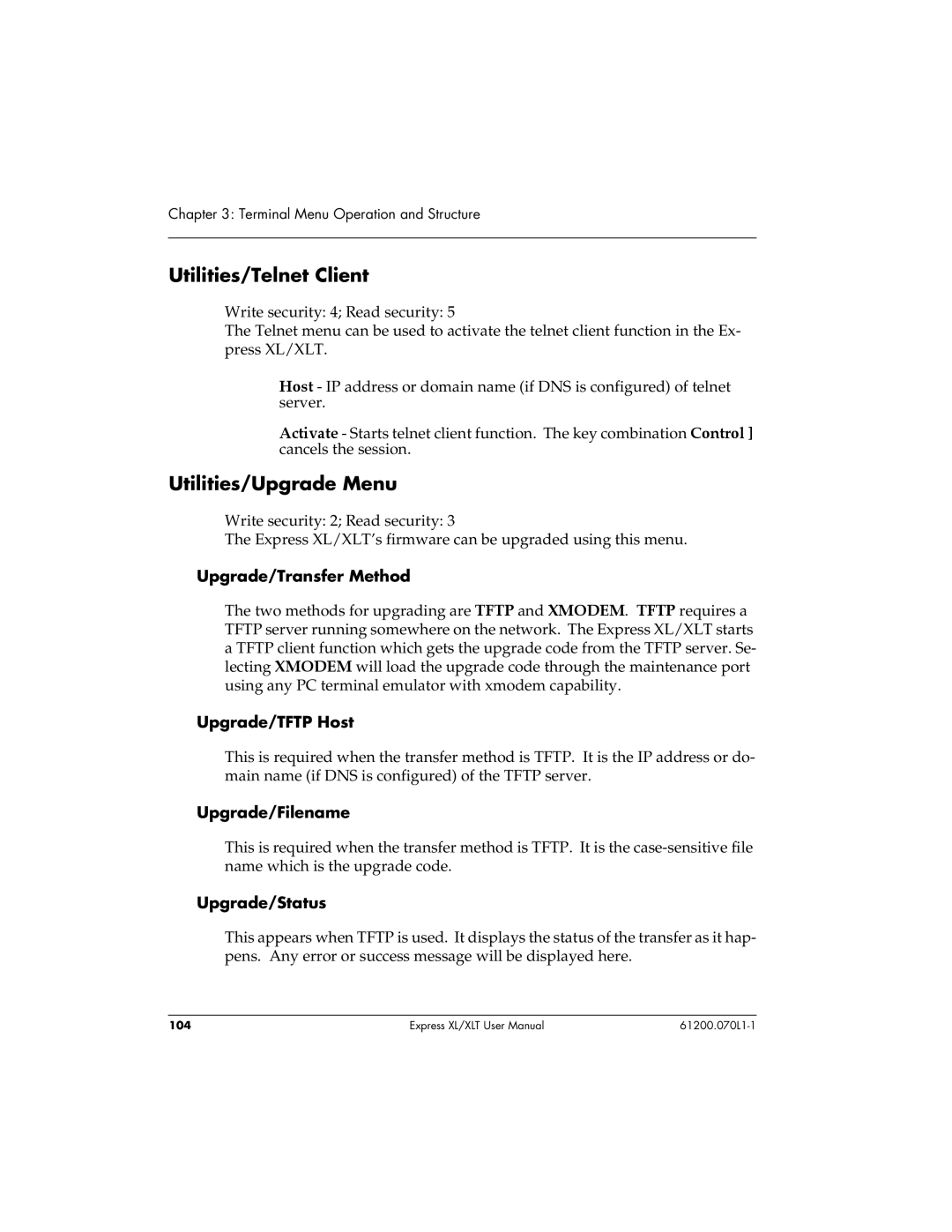 ADTRAN 1200070L1, 1200070L2 user manual Utilities/Telnet Client, Utilities/Upgrade Menu 