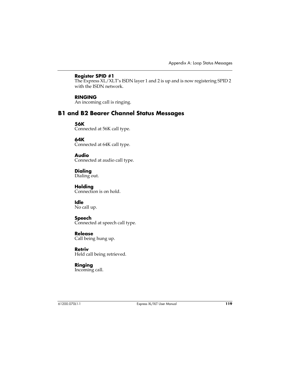 ADTRAN 1200070L2, 1200070L1 user manual B1 and B2 Bearer Channel Status Messages 