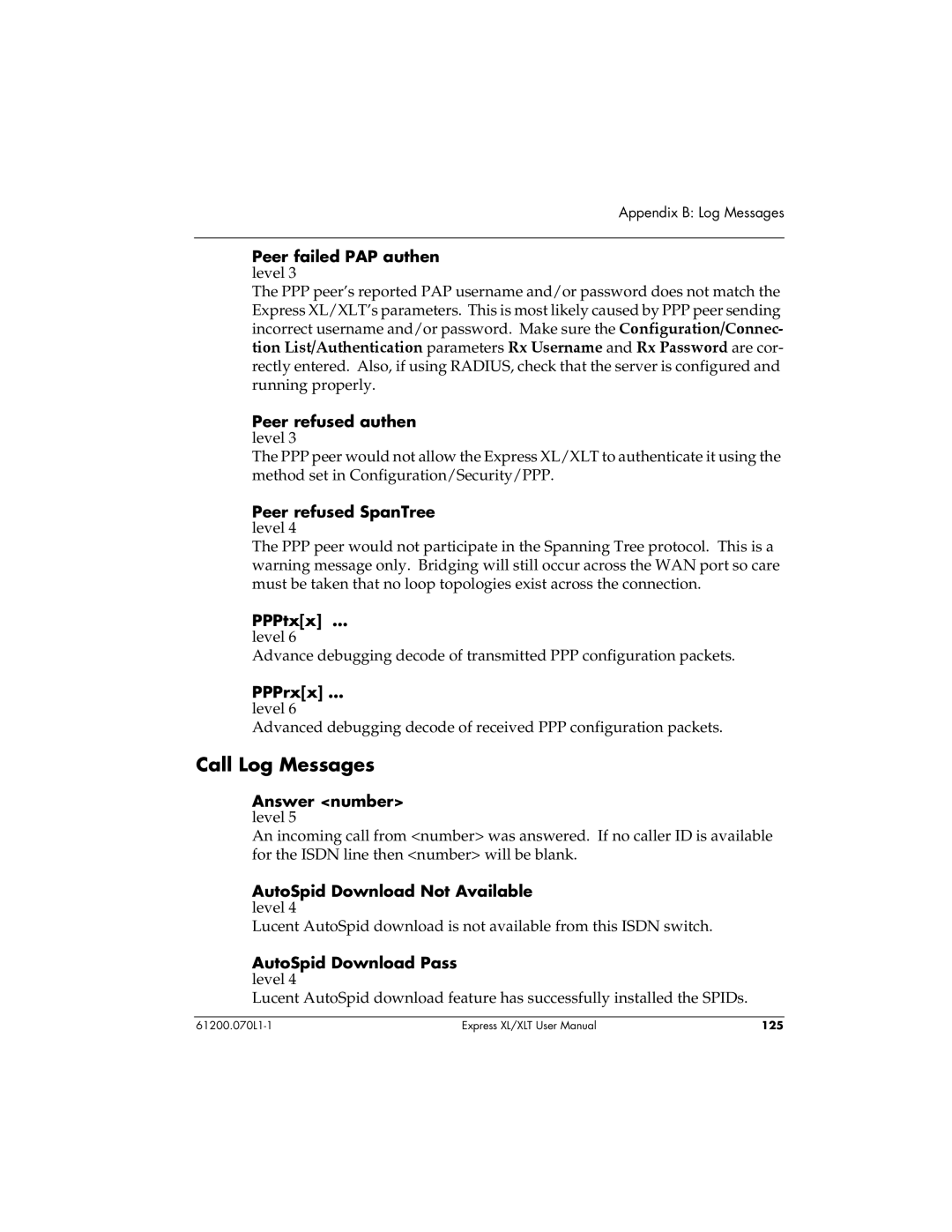 ADTRAN 1200070L2, 1200070L1 user manual Call Log Messages 