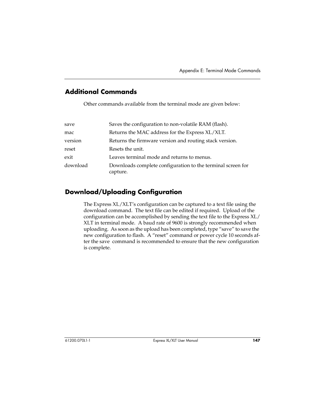 ADTRAN 1200070L2, 1200070L1 user manual Additional Commands, Download/Uploading Configuration 