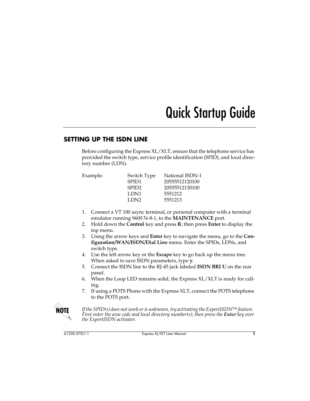 ADTRAN 1200070L2, 1200070L1 user manual Quick Startup Guide, Setting UP the Isdn Line 