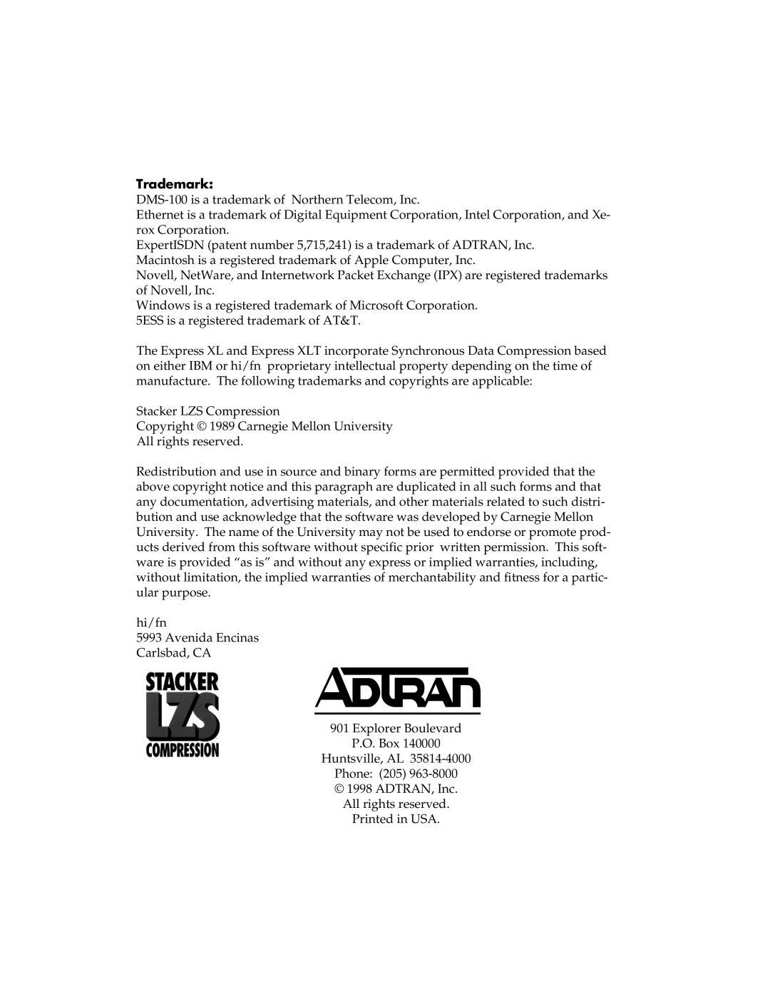 ADTRAN 1200070L1, 1200070L2 user manual Trademark 