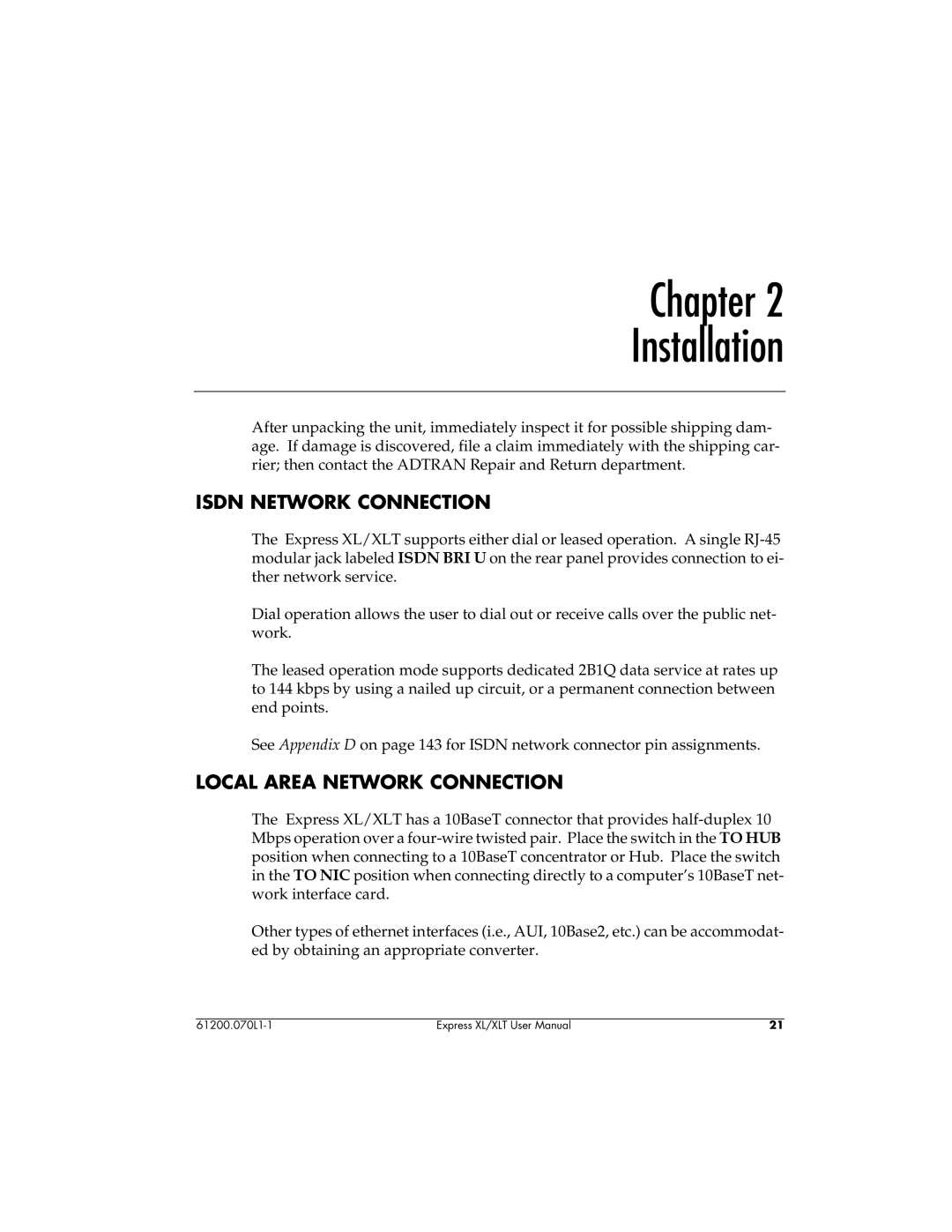 ADTRAN 1200070L2, 1200070L1 user manual Isdn Network Connection, Local Area Network Connection 