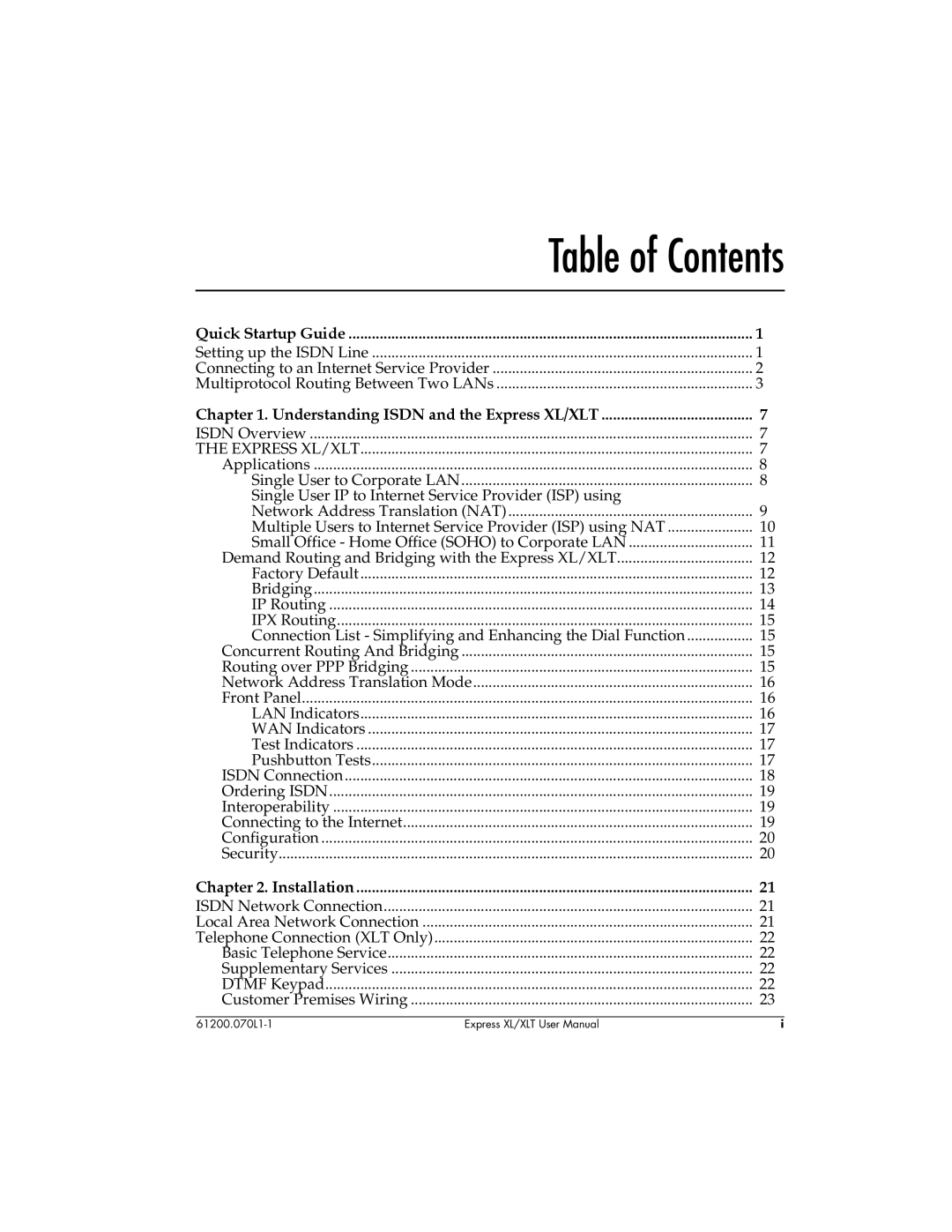 ADTRAN 1200070L2, 1200070L1 user manual Table of Contents 