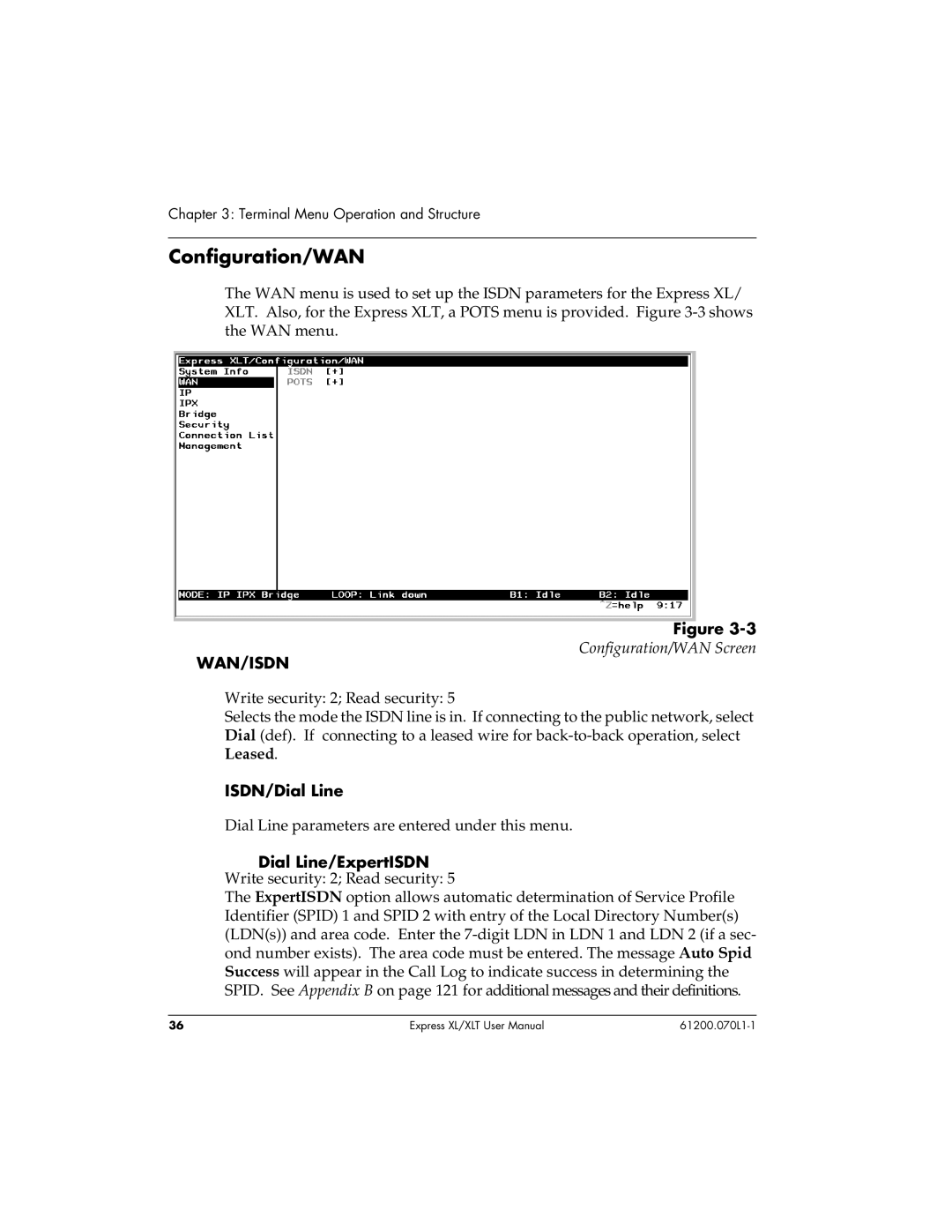 ADTRAN 1200070L1, 1200070L2 user manual Configuration/WAN, ISDN/Dial Line 