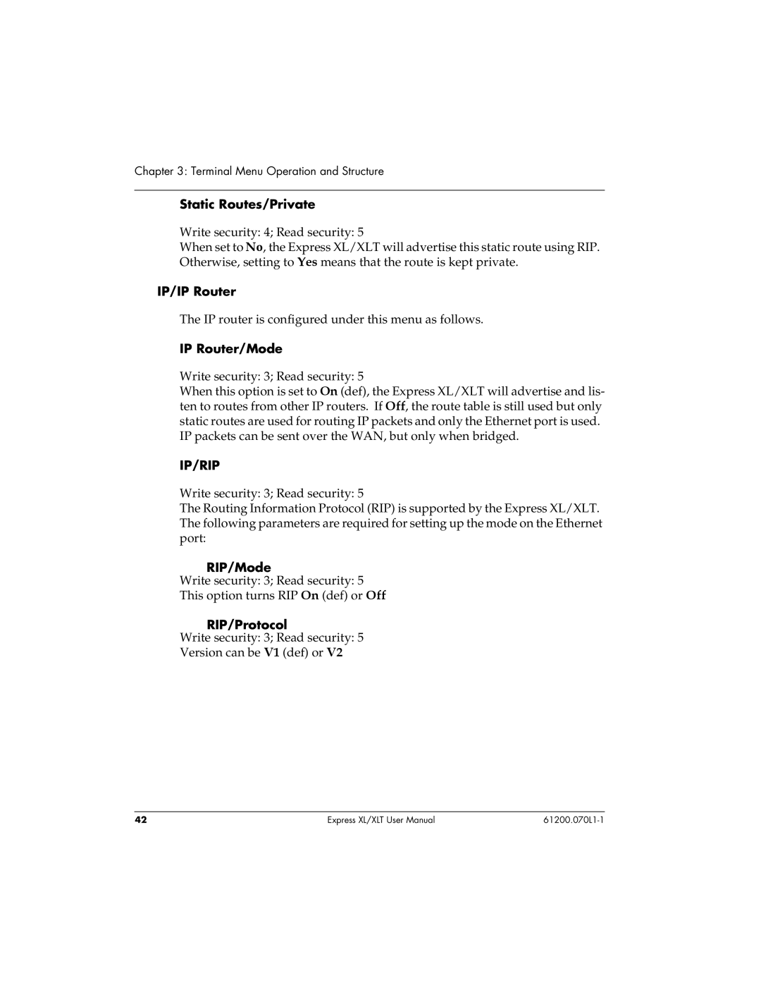 ADTRAN 1200070L1, 1200070L2 user manual Static Routes/Private, IP/IP Router, IP Router/Mode, RIP/Mode, RIP/Protocol 