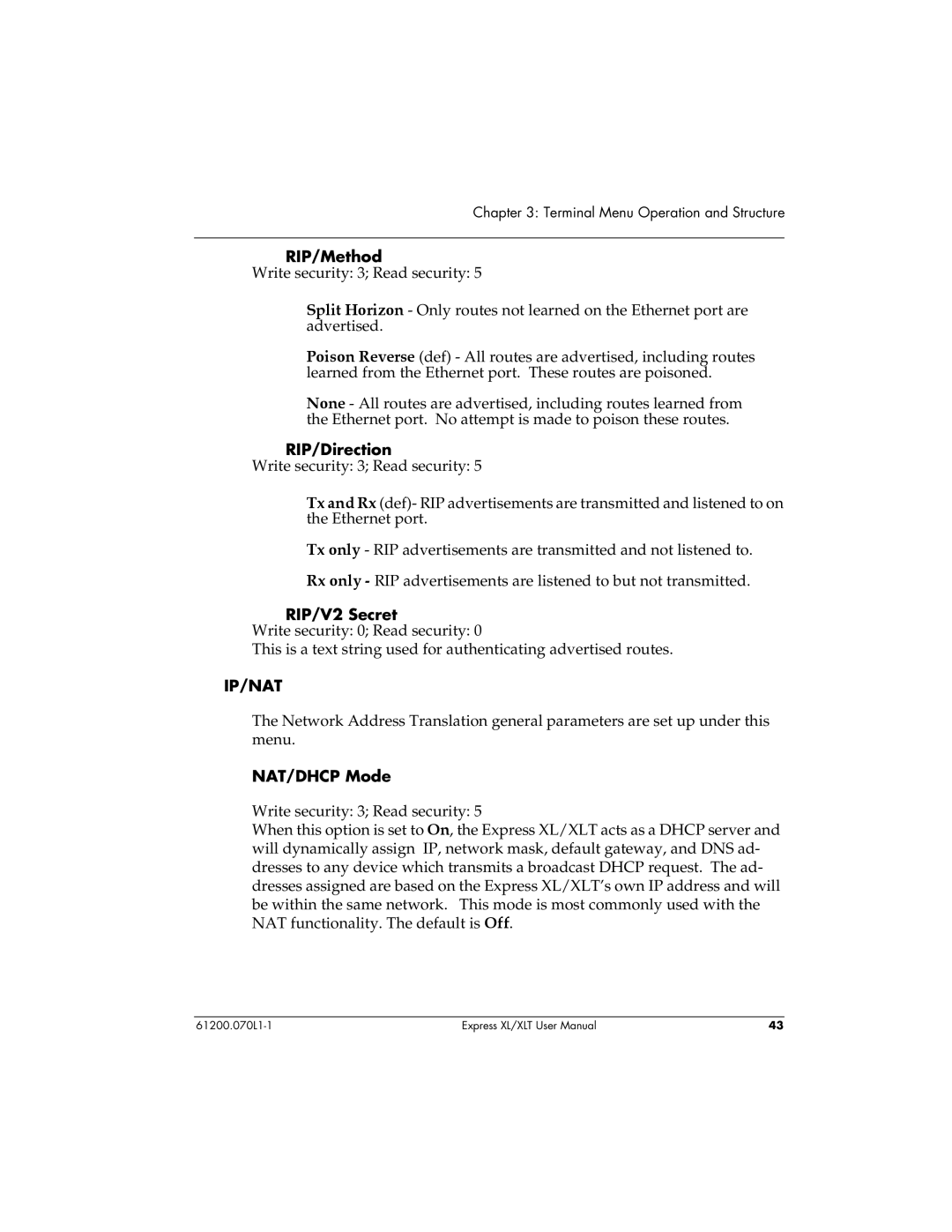 ADTRAN 1200070L2, 1200070L1 user manual RIP/Method, RIP/Direction, RIP/V2 Secret, NAT/DHCP Mode 