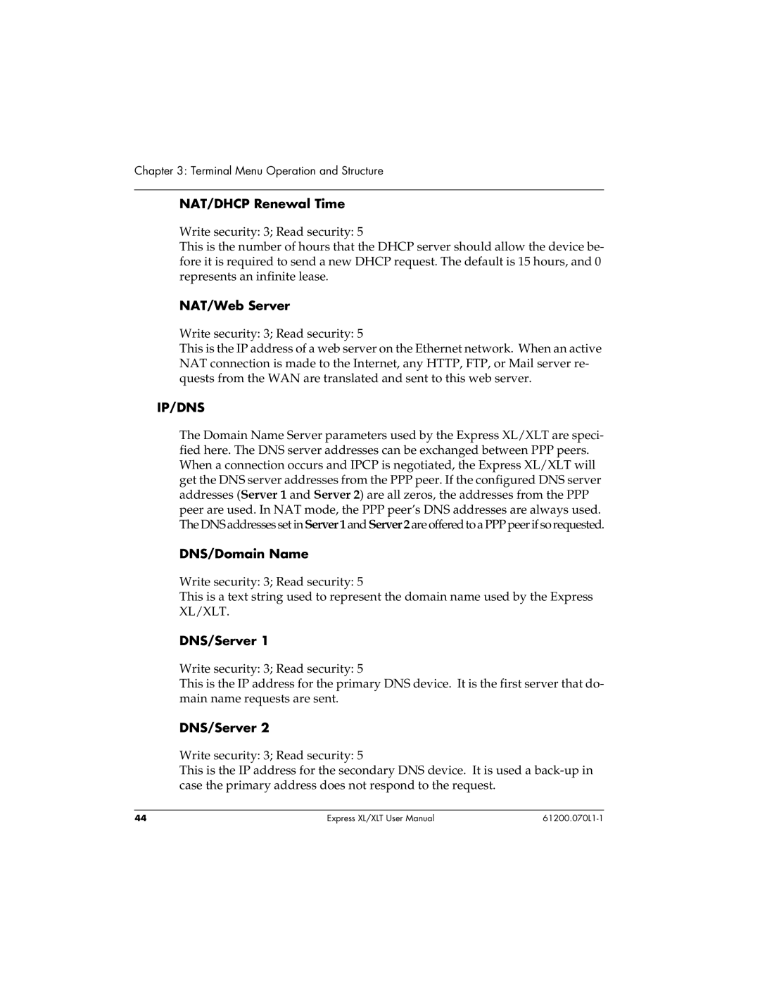 ADTRAN 1200070L1, 1200070L2 user manual NAT/DHCP Renewal Time, NAT/Web Server, DNS/Domain Name, DNS/Server 