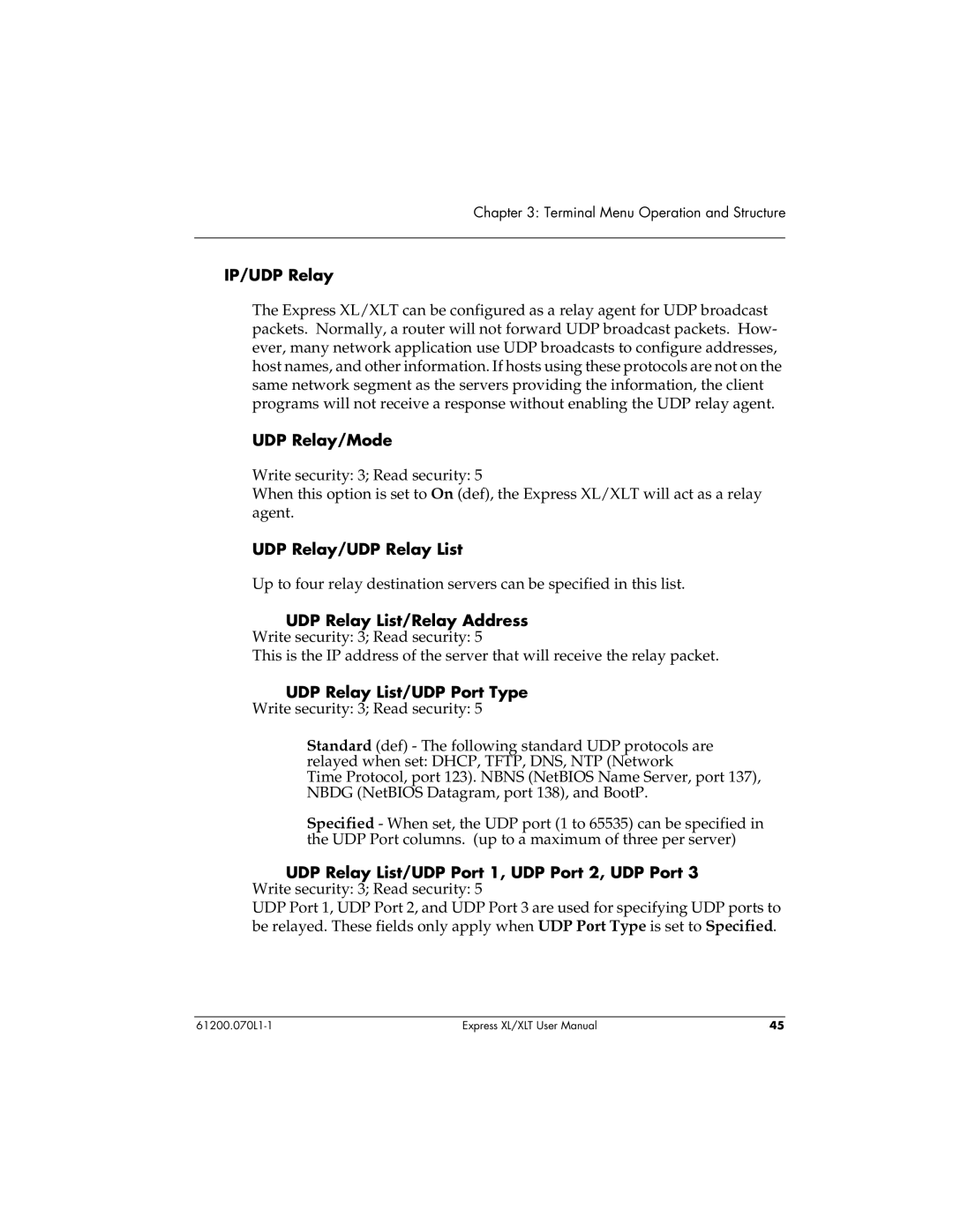 ADTRAN 1200070L2, 1200070L1 user manual IP/UDP Relay, UDP Relay/Mode, UDP Relay/UDP Relay List, UDP Relay List/UDP Port Type 