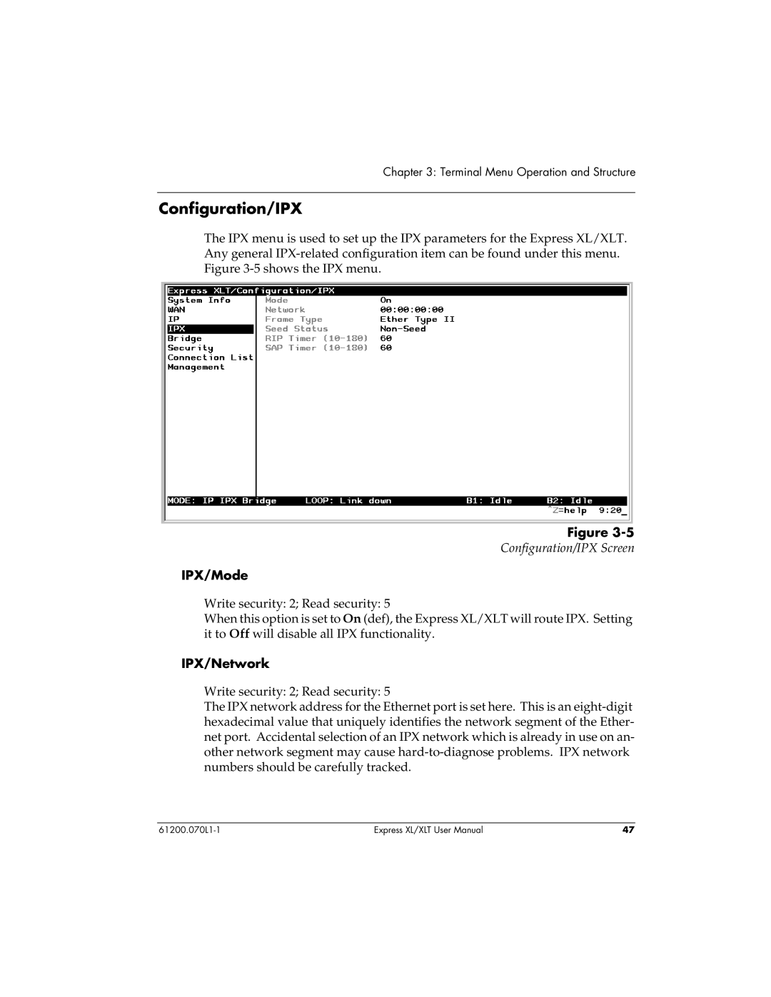 ADTRAN 1200070L2, 1200070L1 user manual Configuration/IPX, IPX/Mode, IPX/Network 