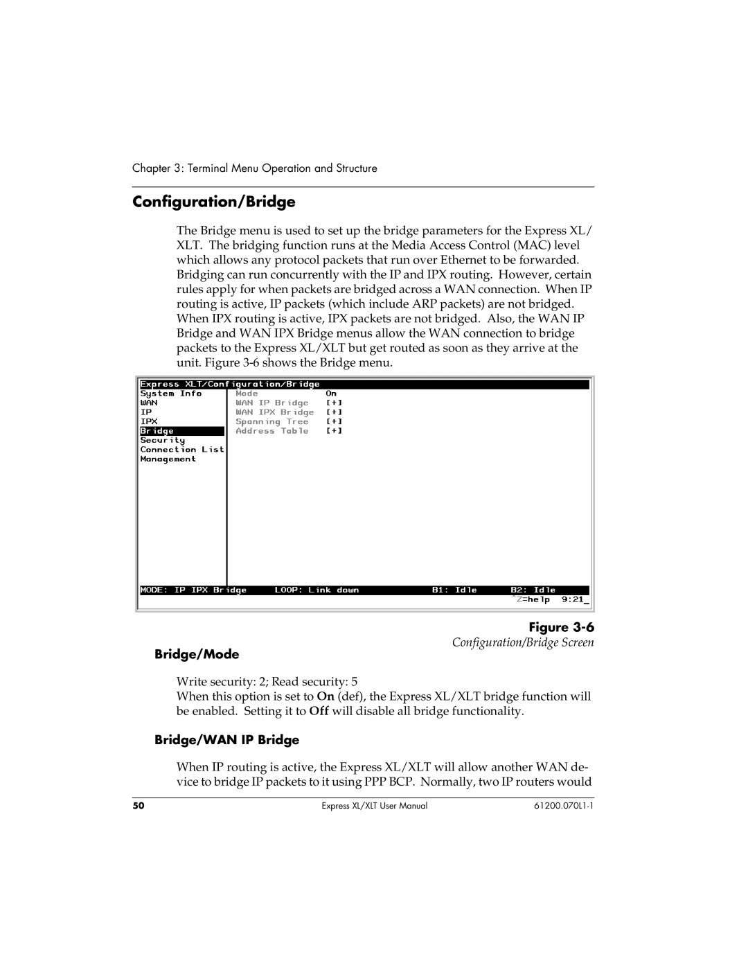 ADTRAN 1200070L1, 1200070L2 user manual Configuration/Bridge, Bridge/Mode, Bridge/WAN IP Bridge 