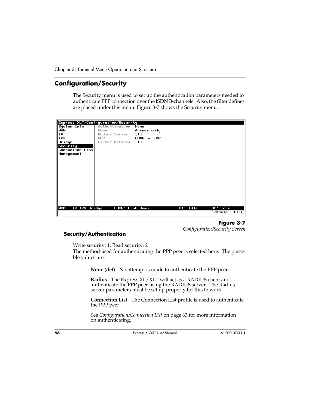 ADTRAN 1200070L1, 1200070L2 user manual Configuration/Security, Security/Authentication 