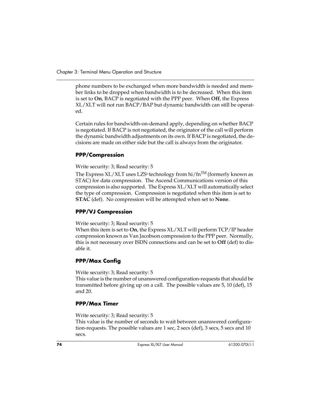 ADTRAN 1200070L1, 1200070L2 user manual PPP/Compression, PPP/VJ Compression, PPP/Max Config, PPP/Max Timer 