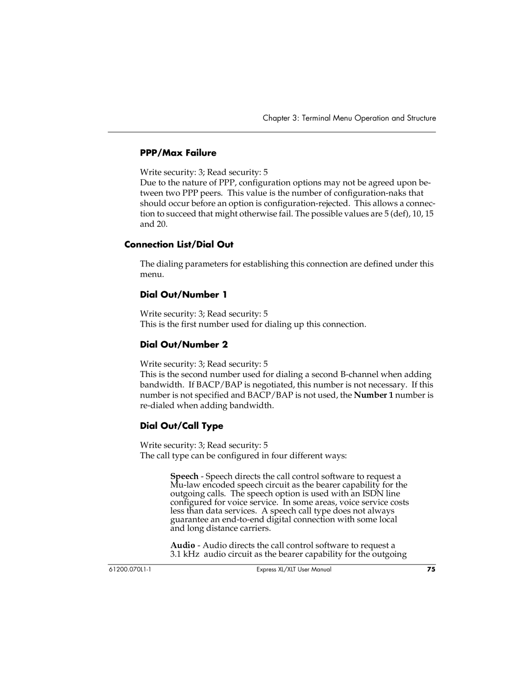 ADTRAN 1200070L2, 1200070L1 user manual PPP/Max Failure, Connection List/Dial Out, Dial Out/Number, Dial Out/Call Type 