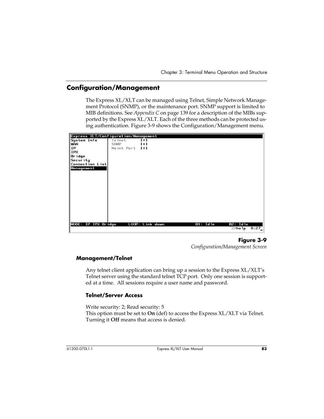 ADTRAN 1200070L2, 1200070L1 user manual Configuration/Management, Management/Telnet, Telnet/Server Access 