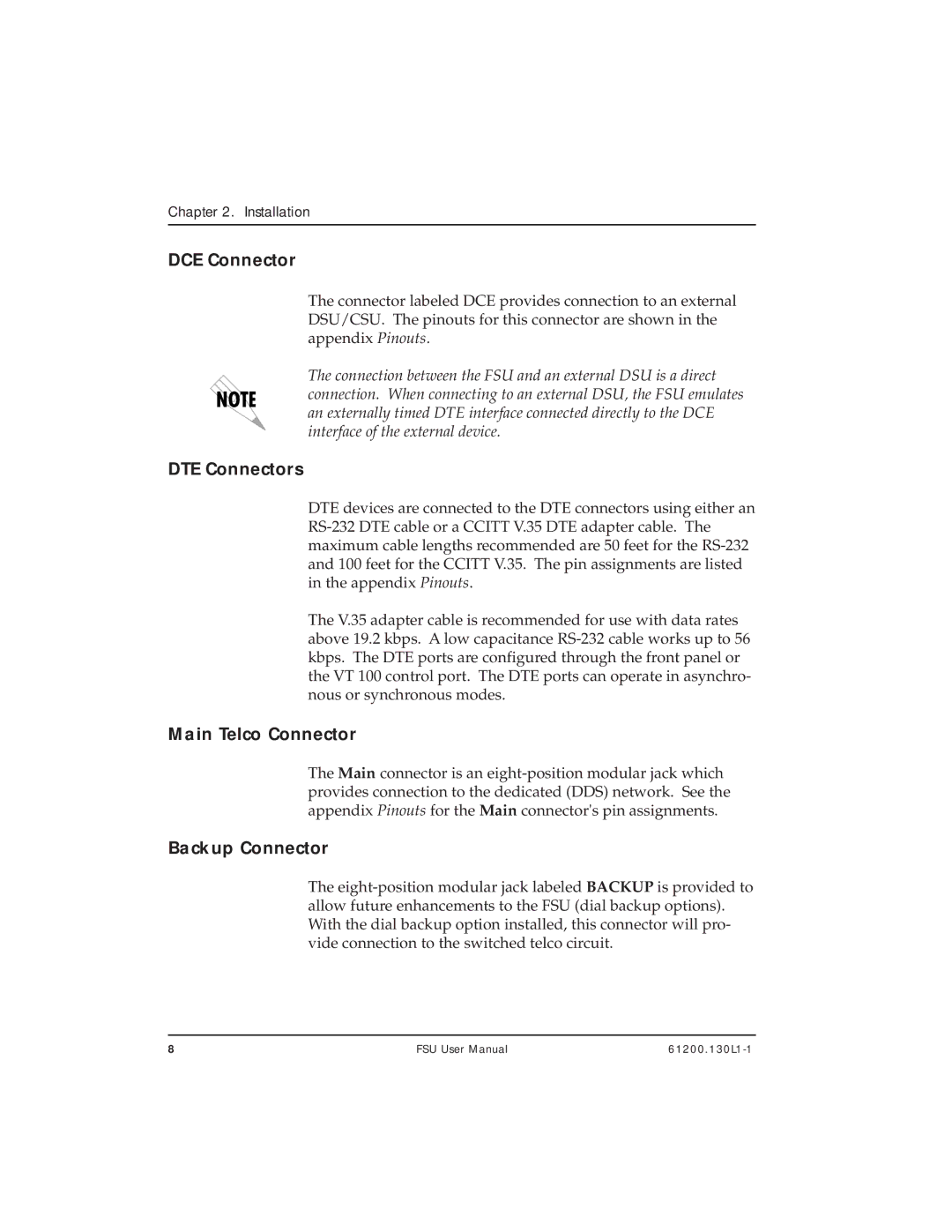 ADTRAN 1200130L1, 1200130L2 user manual DCE Connector, DTE Connectors, Main Telco Connector, Backup Connector 