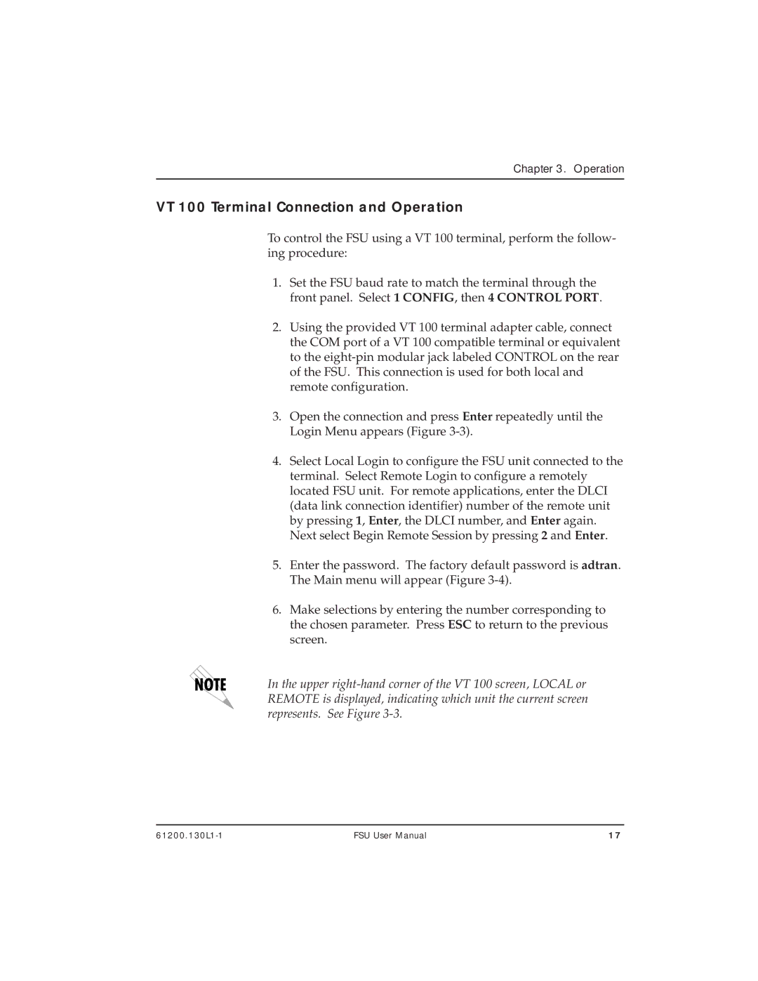 ADTRAN 1200130L2, 1200130L1 user manual VT 100 Terminal Connection and Operation 