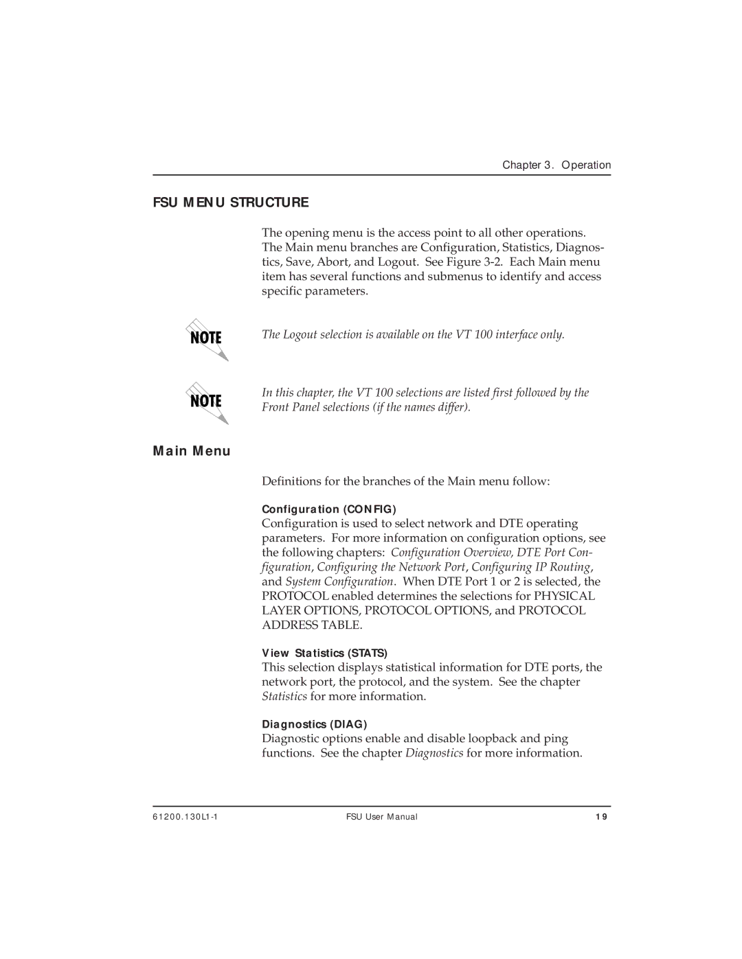 ADTRAN 1200130L2, 1200130L1 user manual FSU Menu Structure, Main Menu 