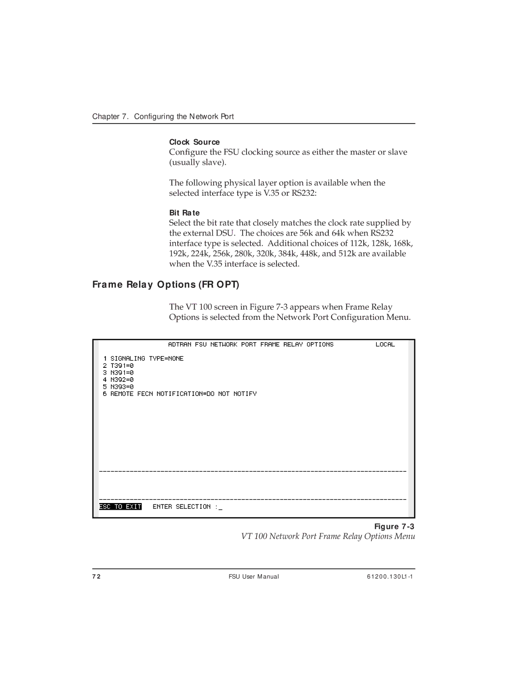 ADTRAN 1200130L1, 1200130L2 user manual Frame Relay Options FR OPT, VT 100 Network Port Frame Relay Options Menu 