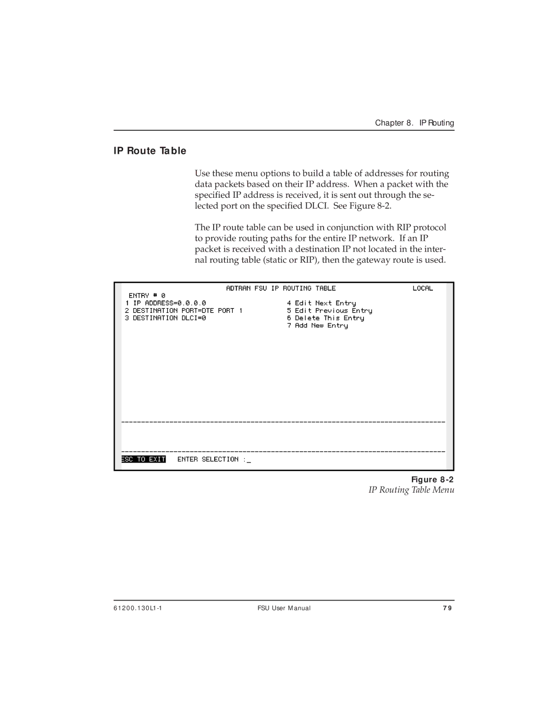 ADTRAN 1200130L2, 1200130L1 user manual IP Route Table, IP Routing Table Menu 