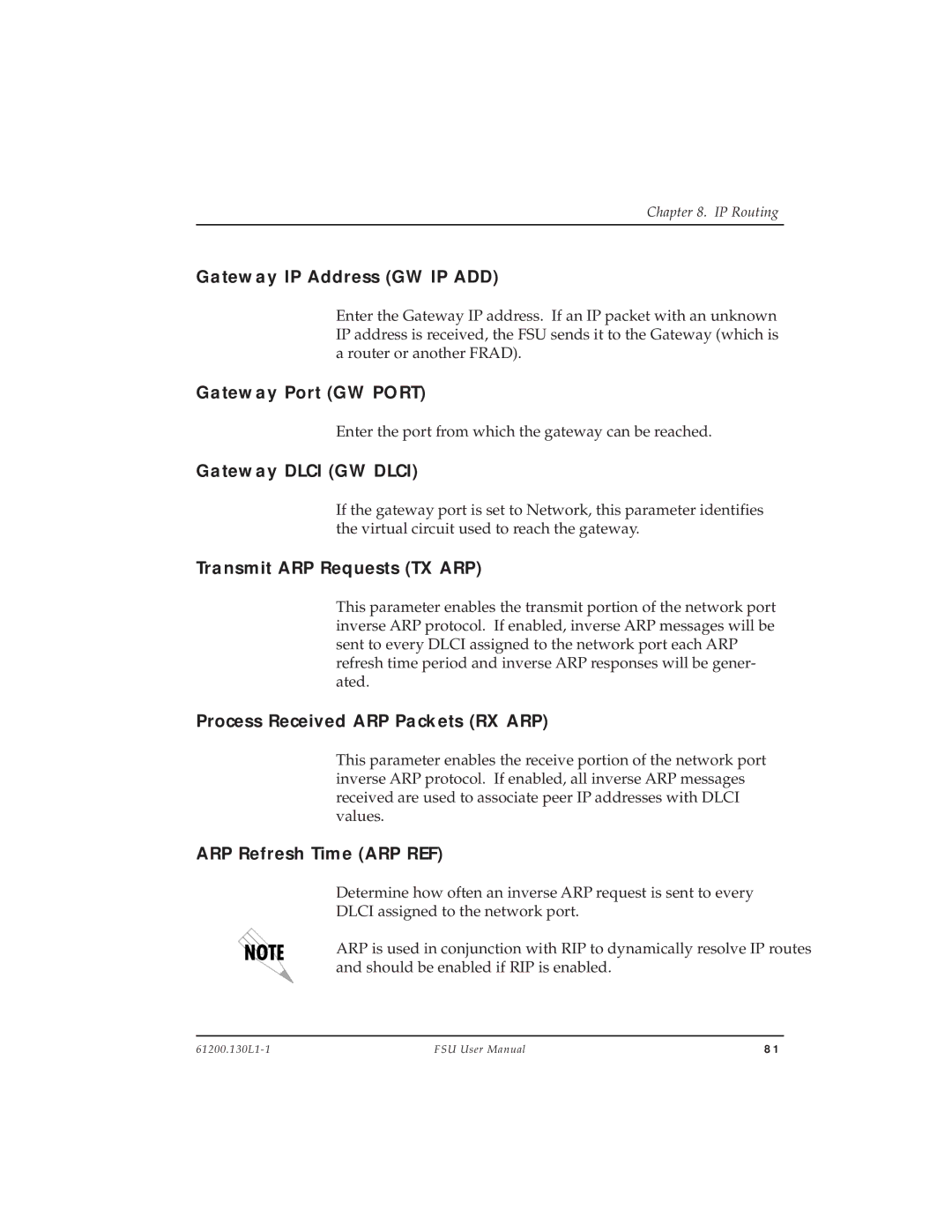 ADTRAN 1200130L2 Gateway IP Address GW IP ADD, Gateway Port GW Port, Gateway Dlci GW Dlci, Transmit ARP Requests TX ARP 