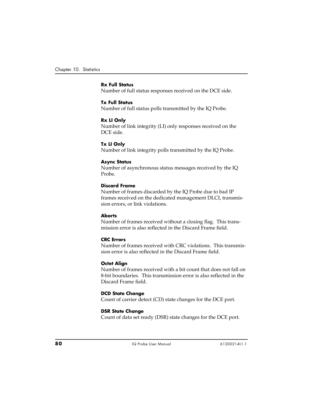 ADTRAN 1204006L1, 1200214L1, 1204002L1 Tx Full Status, Tx LI Only, Async Status, DCD State Change, DSR State Change 